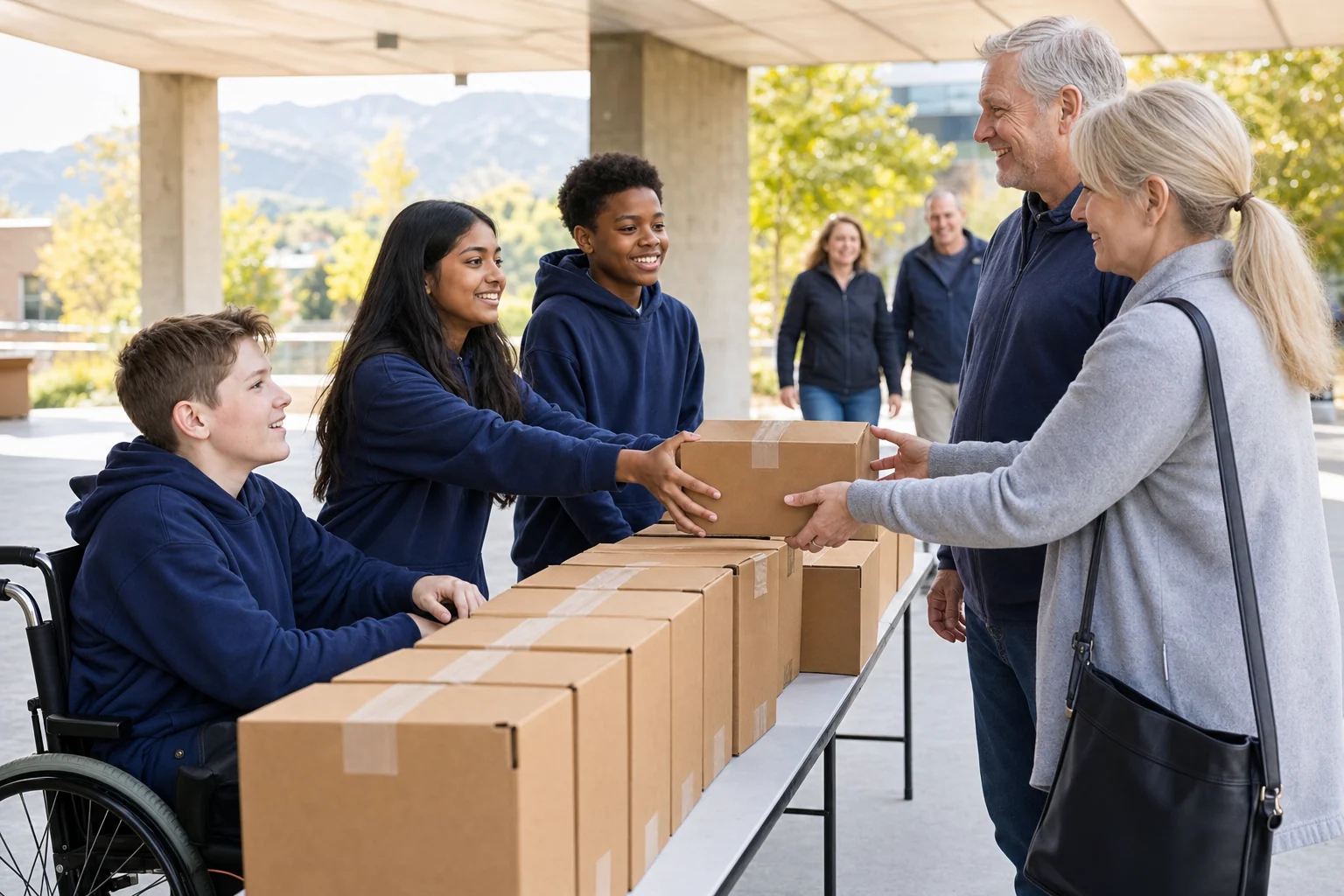 Youth fundraisers hand a packed order to community supporters at an outdoor pickup table.