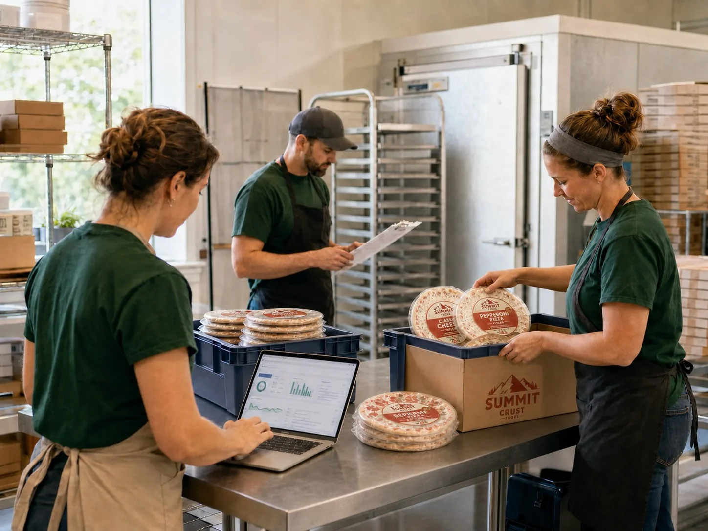 Local pizza partner staff preparing branded fundraiser orders in a production workspace